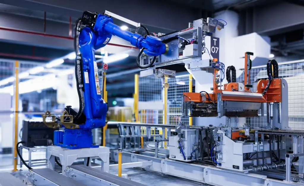 Blauwe industriële robotarm in een fabriek